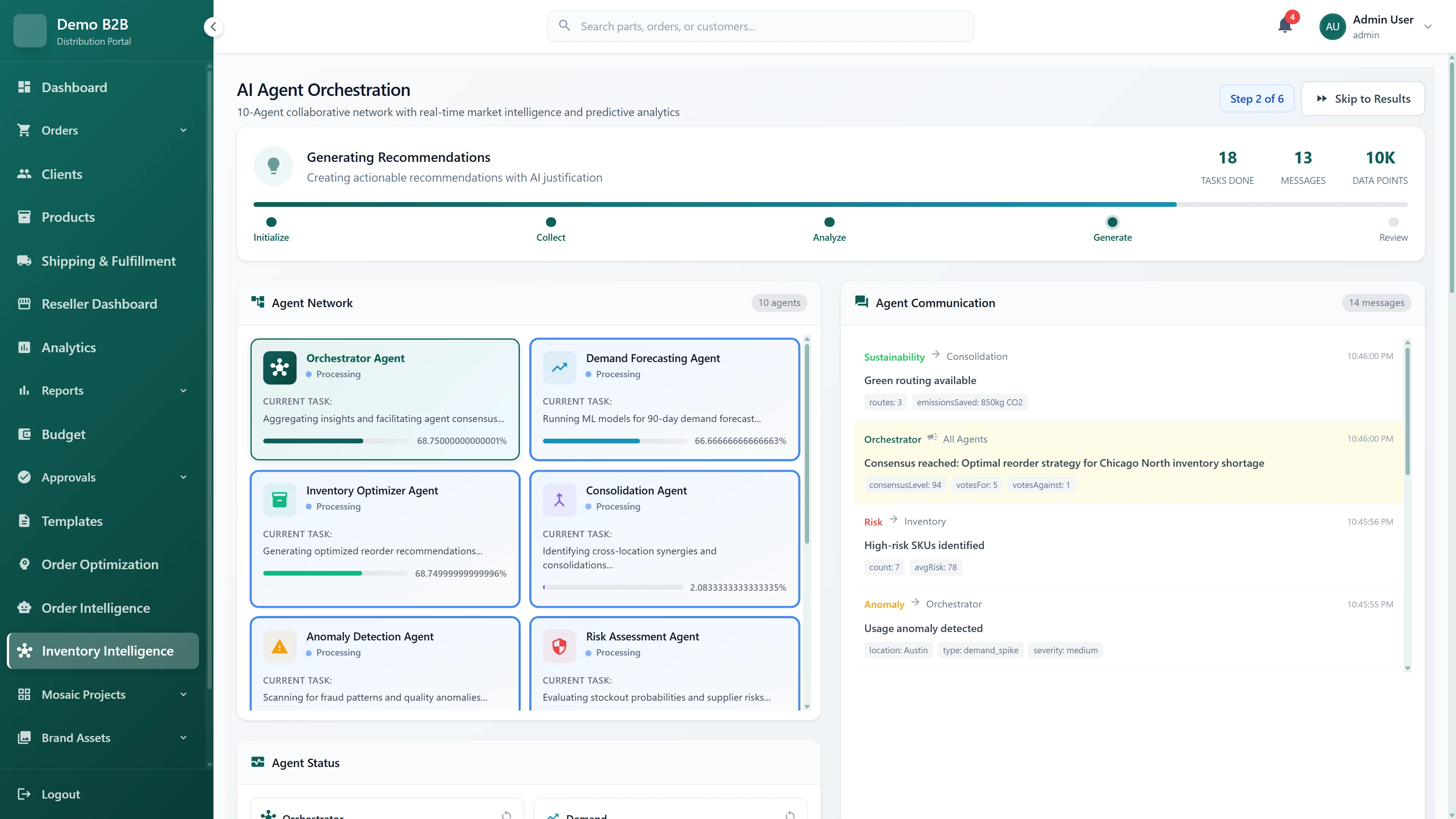 10-agent collaborative network in recommendation generation phase showing Orchestrator, Demand Forecasting, Inventory Optimizer, Consolidation, Anomaly Detection, and Risk Assessment agents with real-time progress tracking, agent communication panel displaying sustainability alerts, consensus decisions, and anomaly detection messages